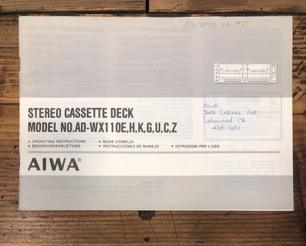 Aiwa AD-WX110 Cassette Owners / User Manual *Original*