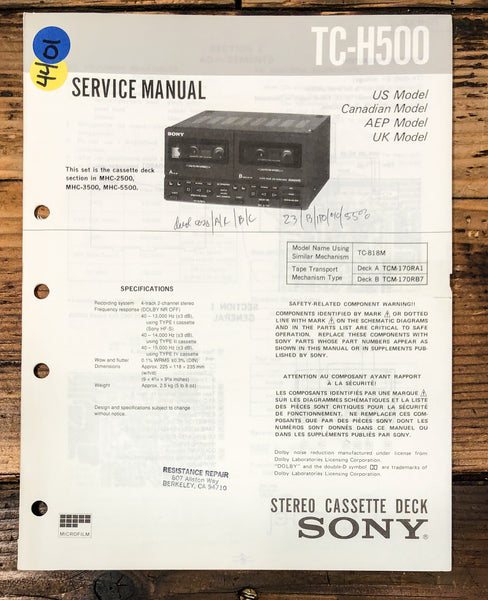 Sony TC-H500 Cassette Service Manual *Original*