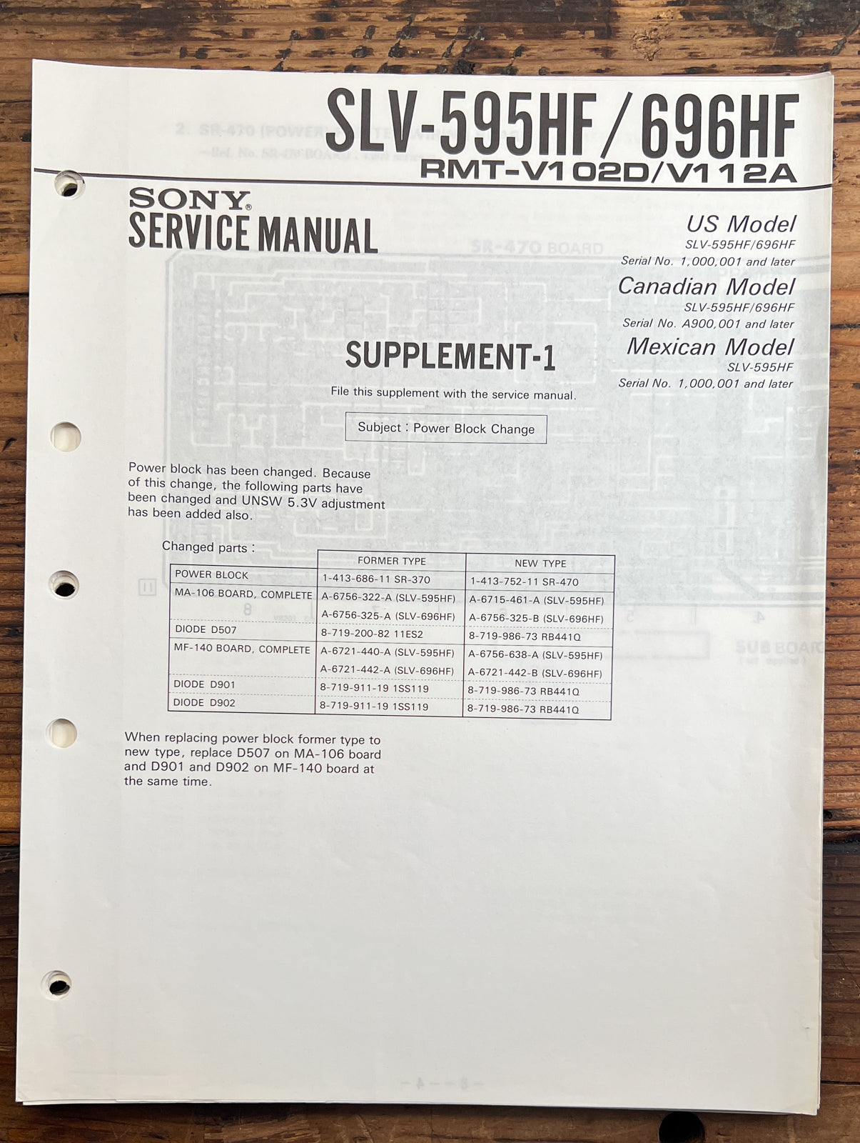 Sony SLV-595HF -696HF  Supp Service Manual *Original*