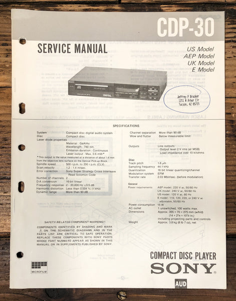 Sony CDP-30 CD Player Service Manual *Original*