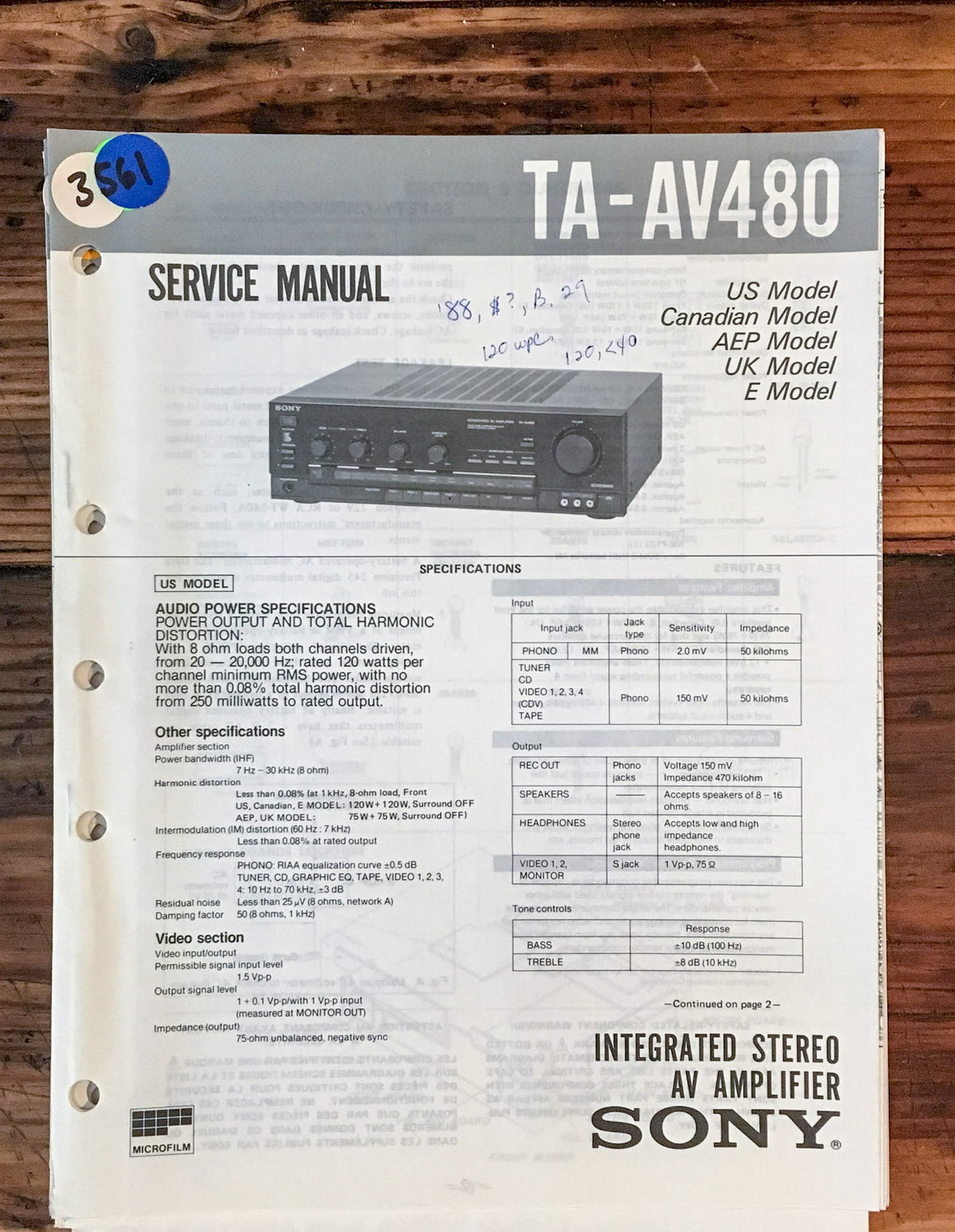 Sony TA-AV480 Amplifier  Service Manual *Original*