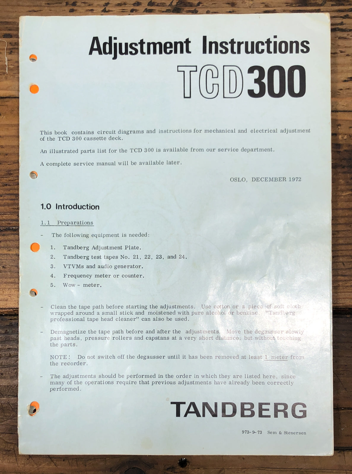 Tandberg TCD-300 TCD300 Cassette Adjustment Instructions   *Original*