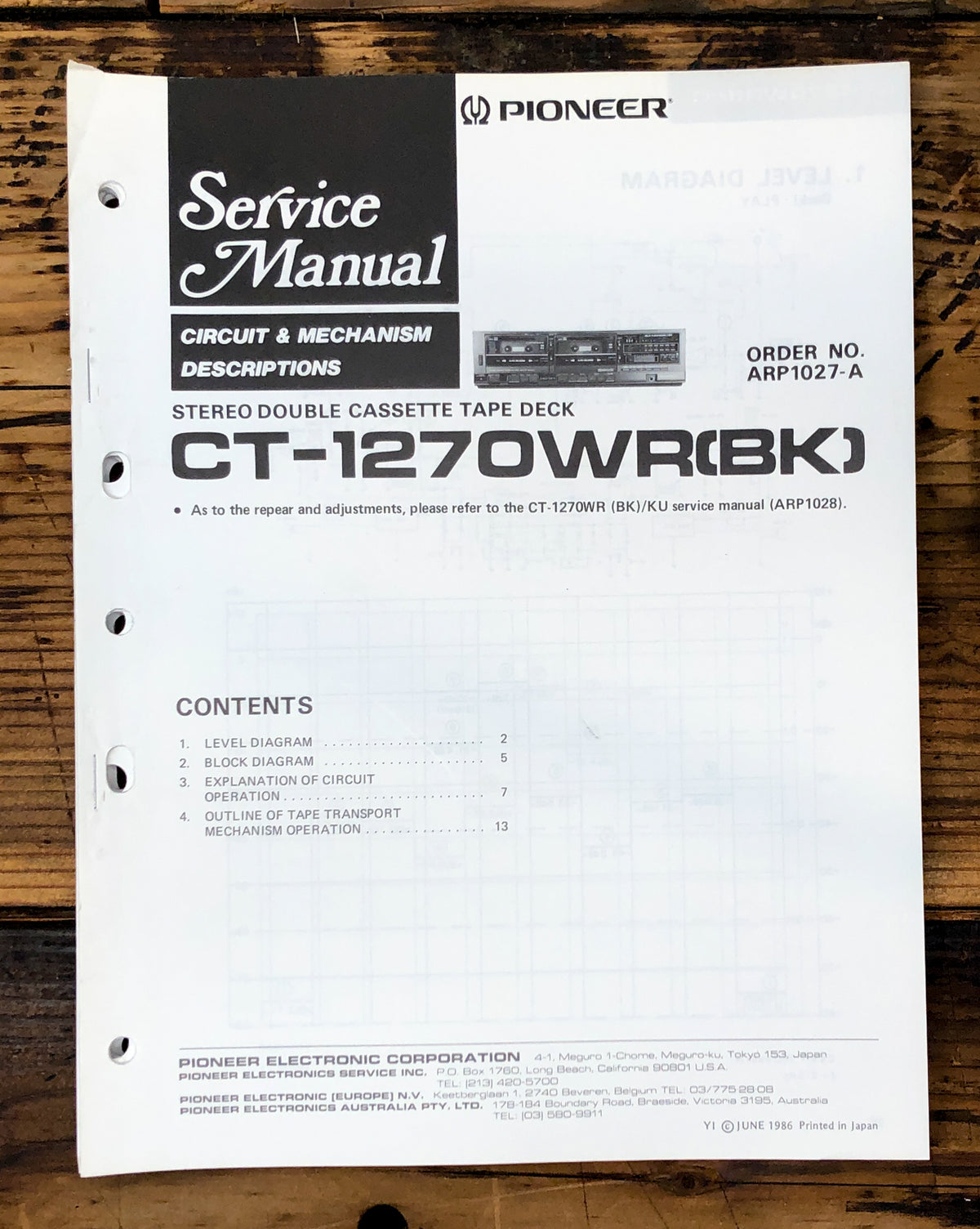 Pioneer CT-1270WR Cassette Service Manual *Original* #2