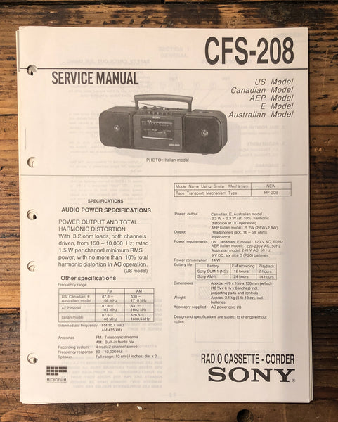 Sony CFS-208 Stereo  Service Manual *Original*