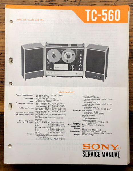 Sony TC-560 Reel to Reel  Service Manual *Original*