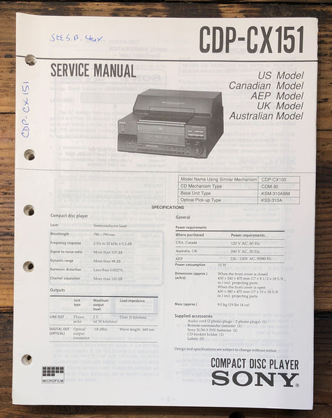 Sony CDP-CX151 CD Player  Service Manual *Original*