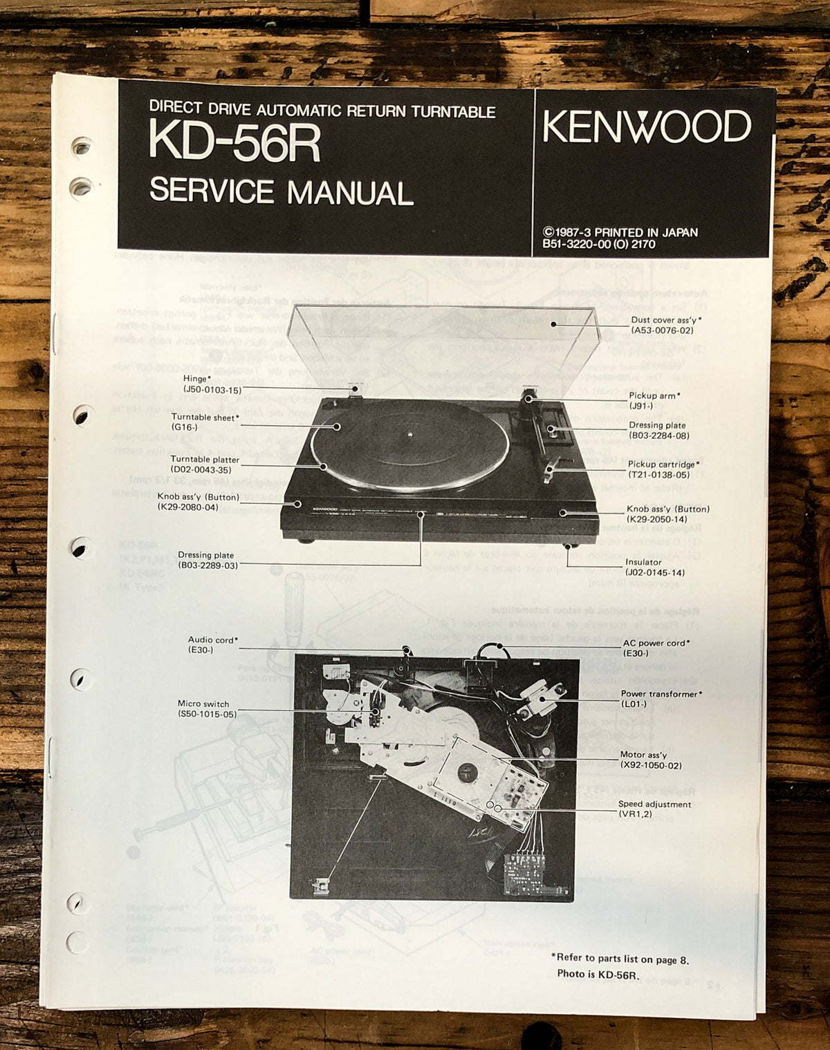Kenwood KD-56R Record Player / Turntable  Service Manual *Original*