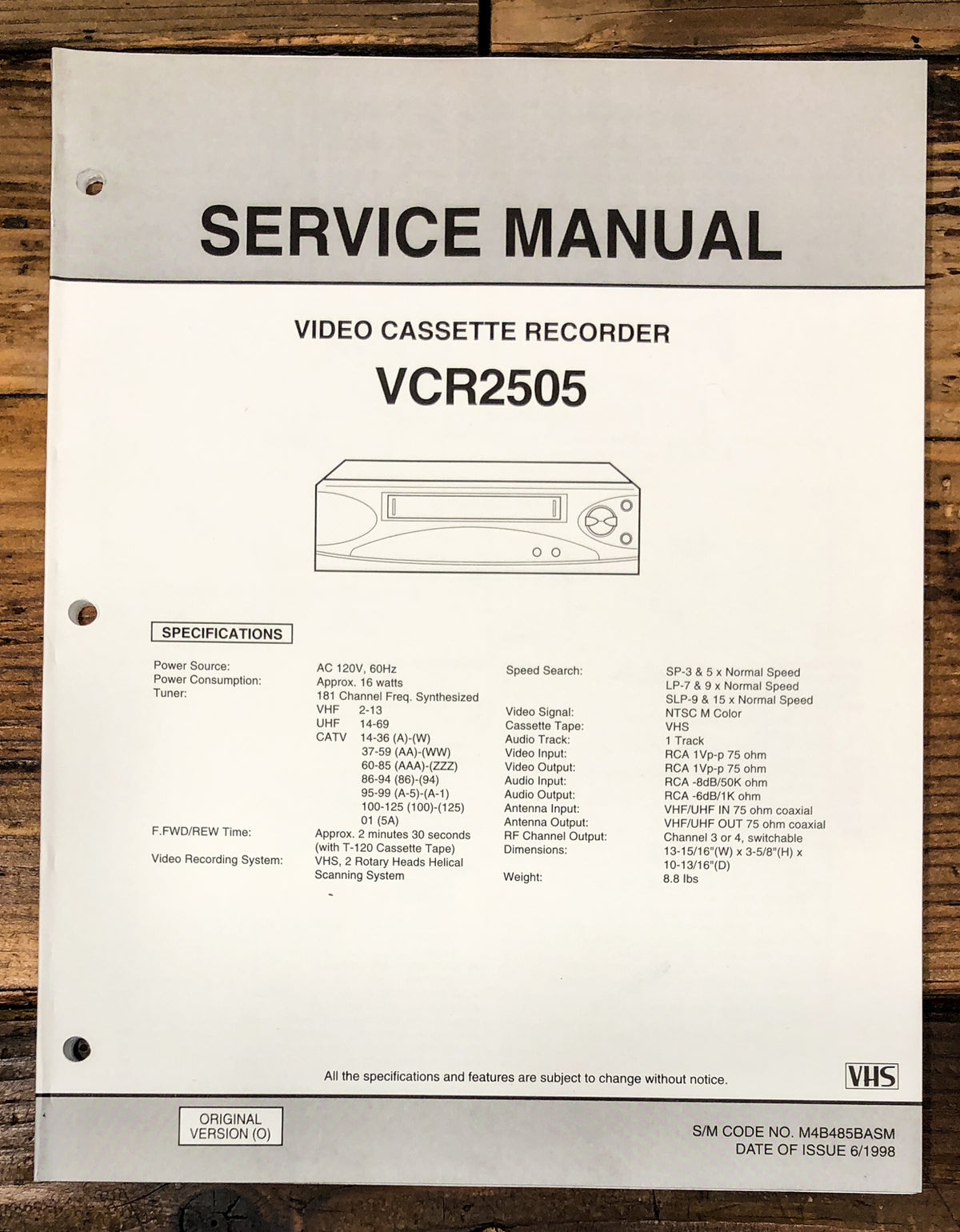 Emerson / Orion Model VCR2505 VCR Service Manual *Original*