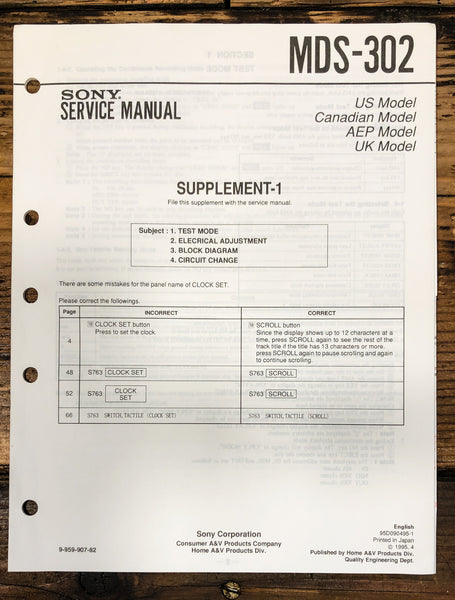 Sony MDS-302 MD Recorder Supp. #1 Service Manual *Original*