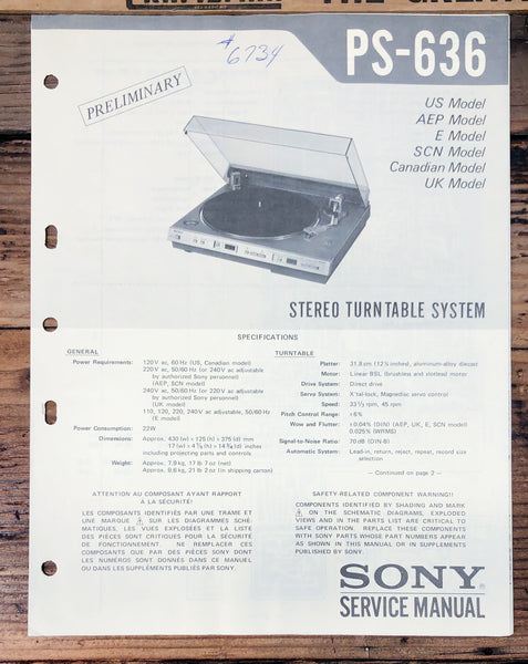 Sony PS-636 Record Player / Turntable Preliminary Service Manual *Original*