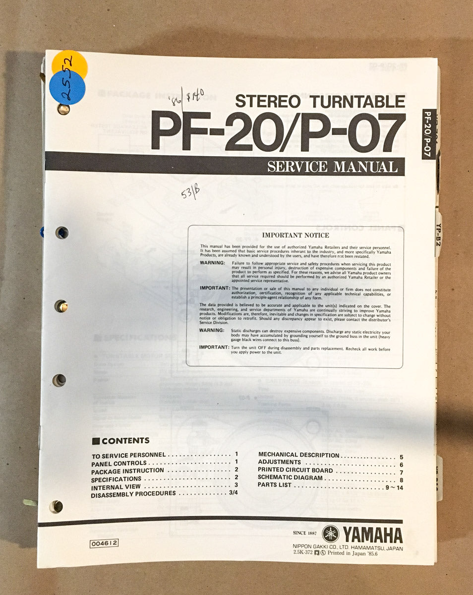 Yamaha PF-20 P-07 Record Player / Turntable  Service Manual *Original*