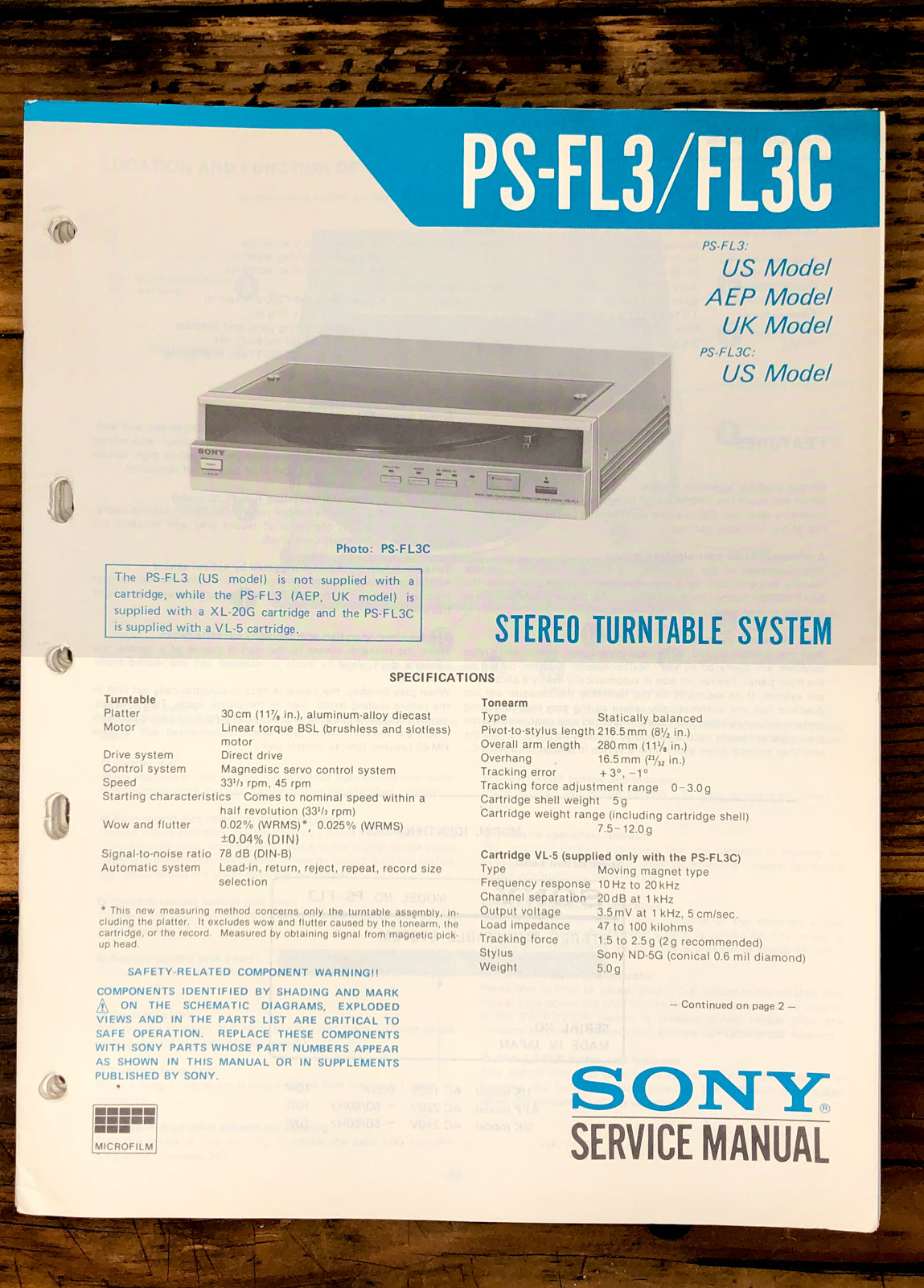 Sony PS-FL3 PS-FL3C Record Player / Turntable  Service Manual *Original*