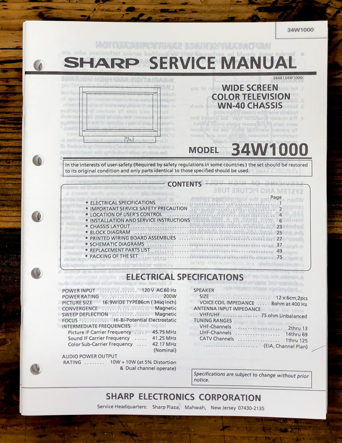 Sharp 34W1000 TV / Television Service Manual *Original* #1