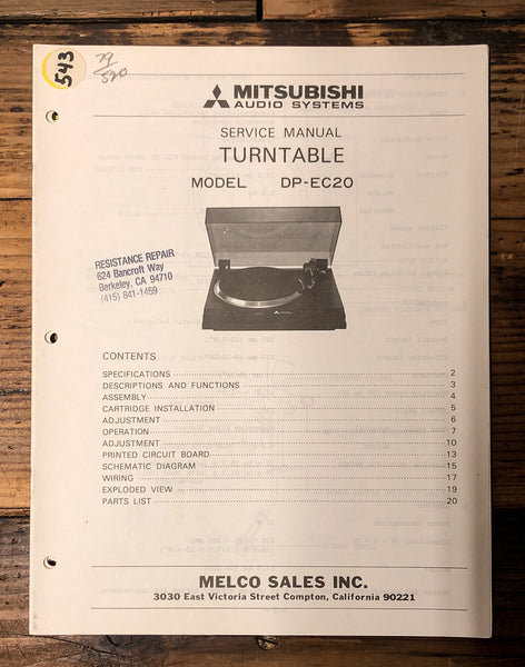 Mitsubishi DP-EC20 Record Player / Turntable  Service Manual *Original*