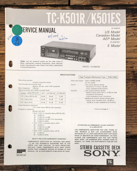 Sony TC-K501R TC-K501ES Cassette Service Manual *Original*