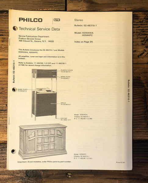 Philco H0904WA H0944PC Console Stereo  Service Manual *Original*