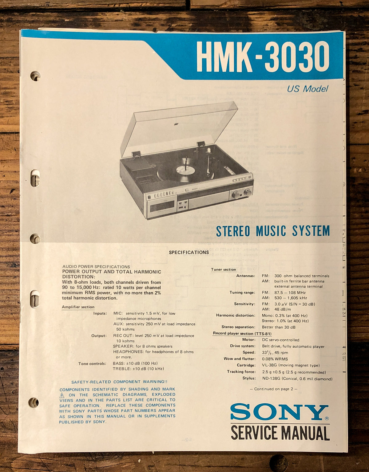 Sony HMK-3030 Stereo  Service Manual *Original*