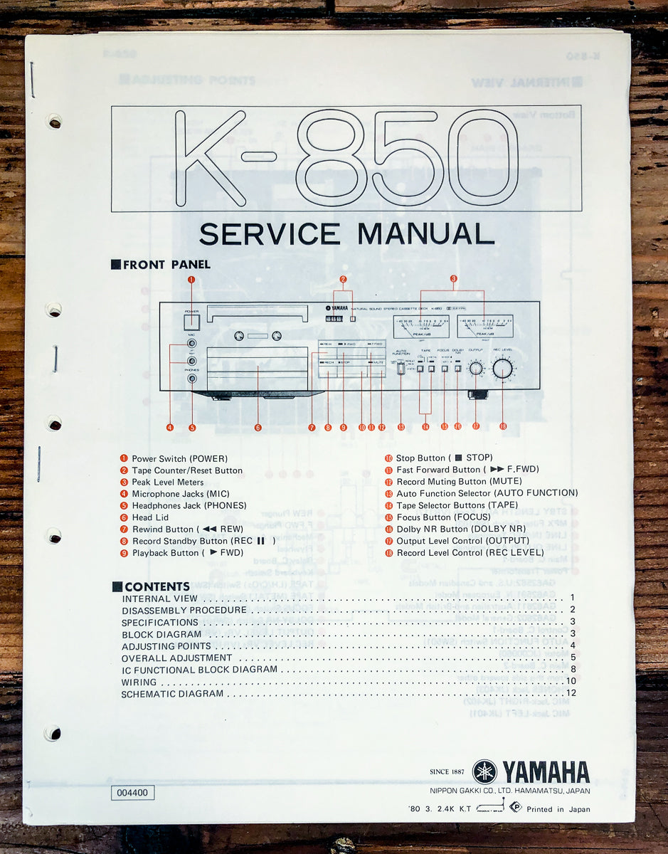 Yamaha K-850 Cassette Service Manual *Original*