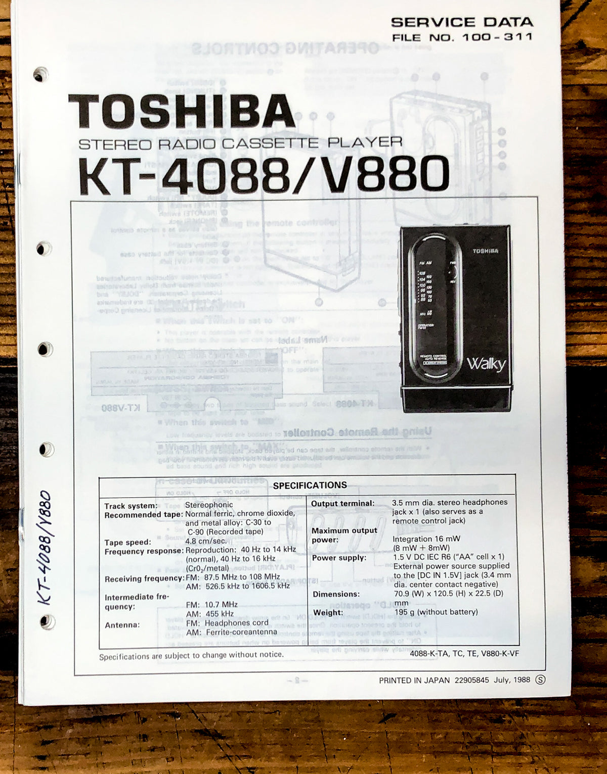 Toshiba Model KT-4088 KT-V880 Cassette Service Manual *Original*