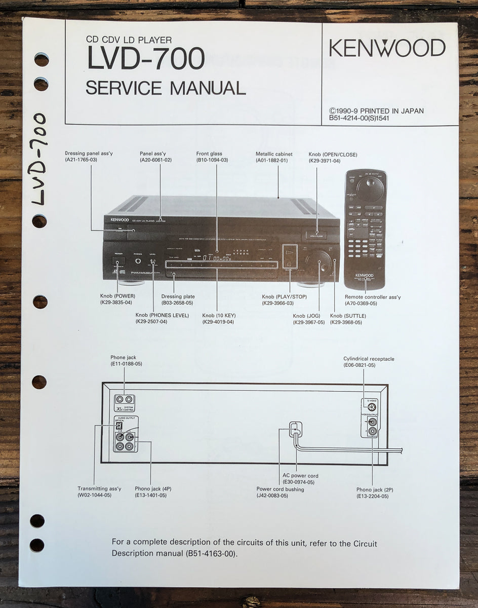 Kenwood LVD-700 CD CDV LD Player Service Manual *Original*