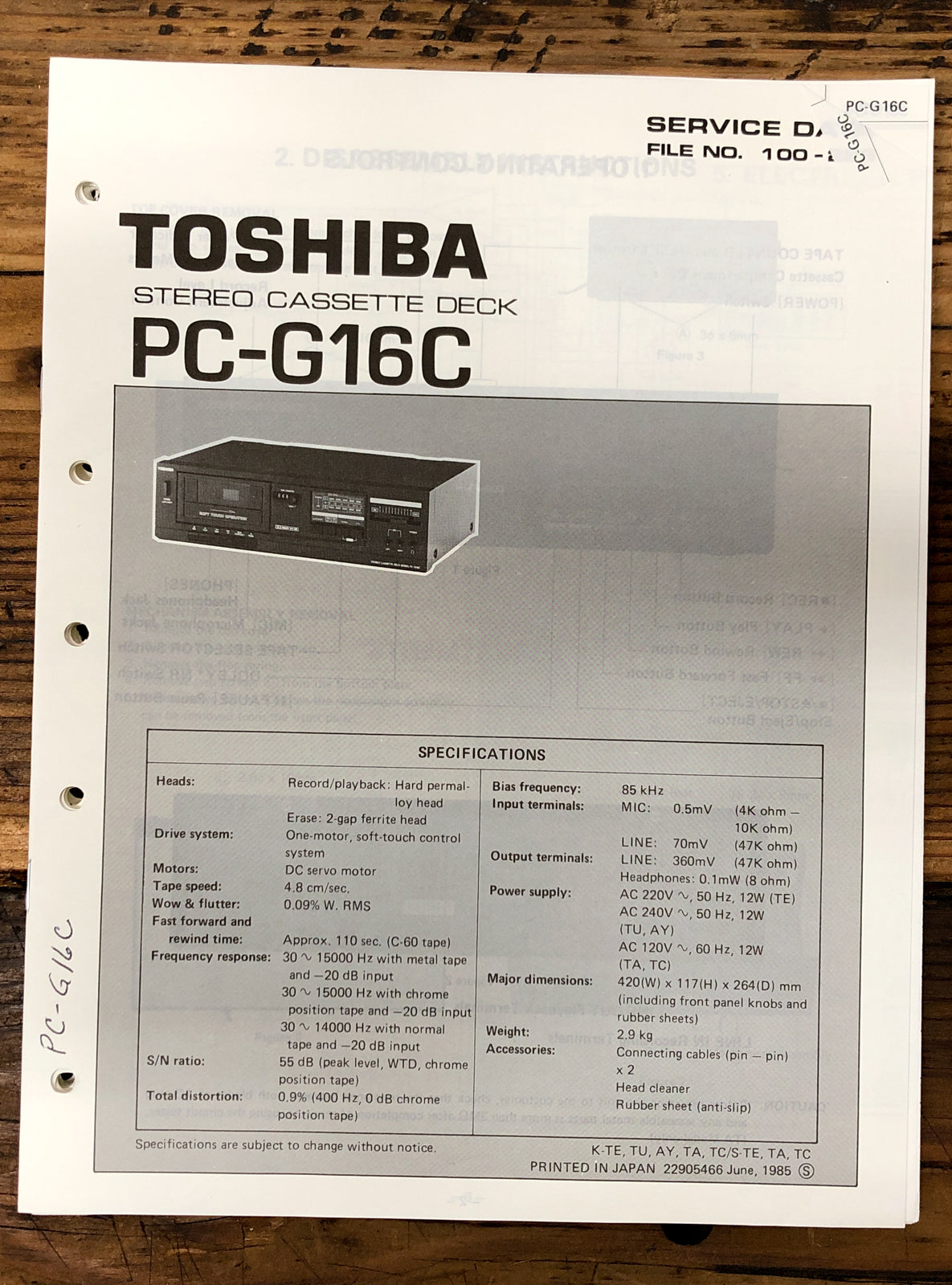 Toshiba PC-G16C Cassette Deck  Service Manual *Original*