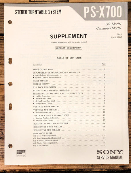 Sony PS-X700 Record Player / Turntable Supp. Service Manual *Original*