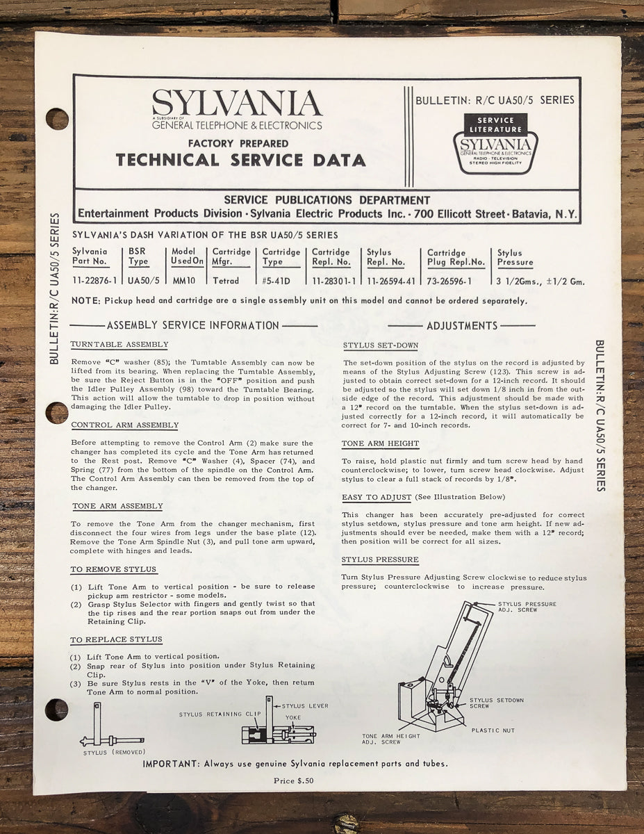 Sylvania / BSR  Model UA50 /5 Series Record Changer Service Manual *Original*