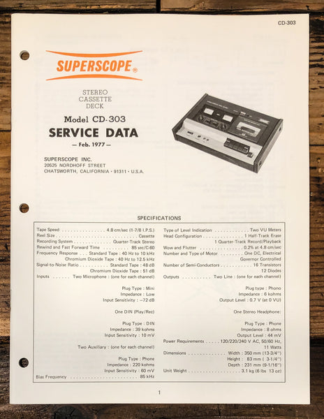 Superscope CD-303 Cassette Service Manual *Original*