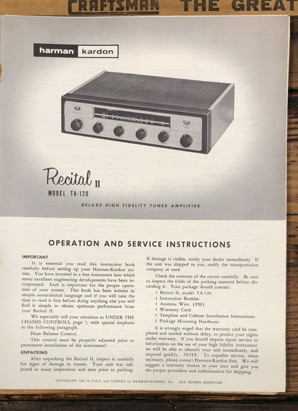 Harman Kardon Model T-1020 Recital II Tuner Amplifier Service Manual *Orig*
