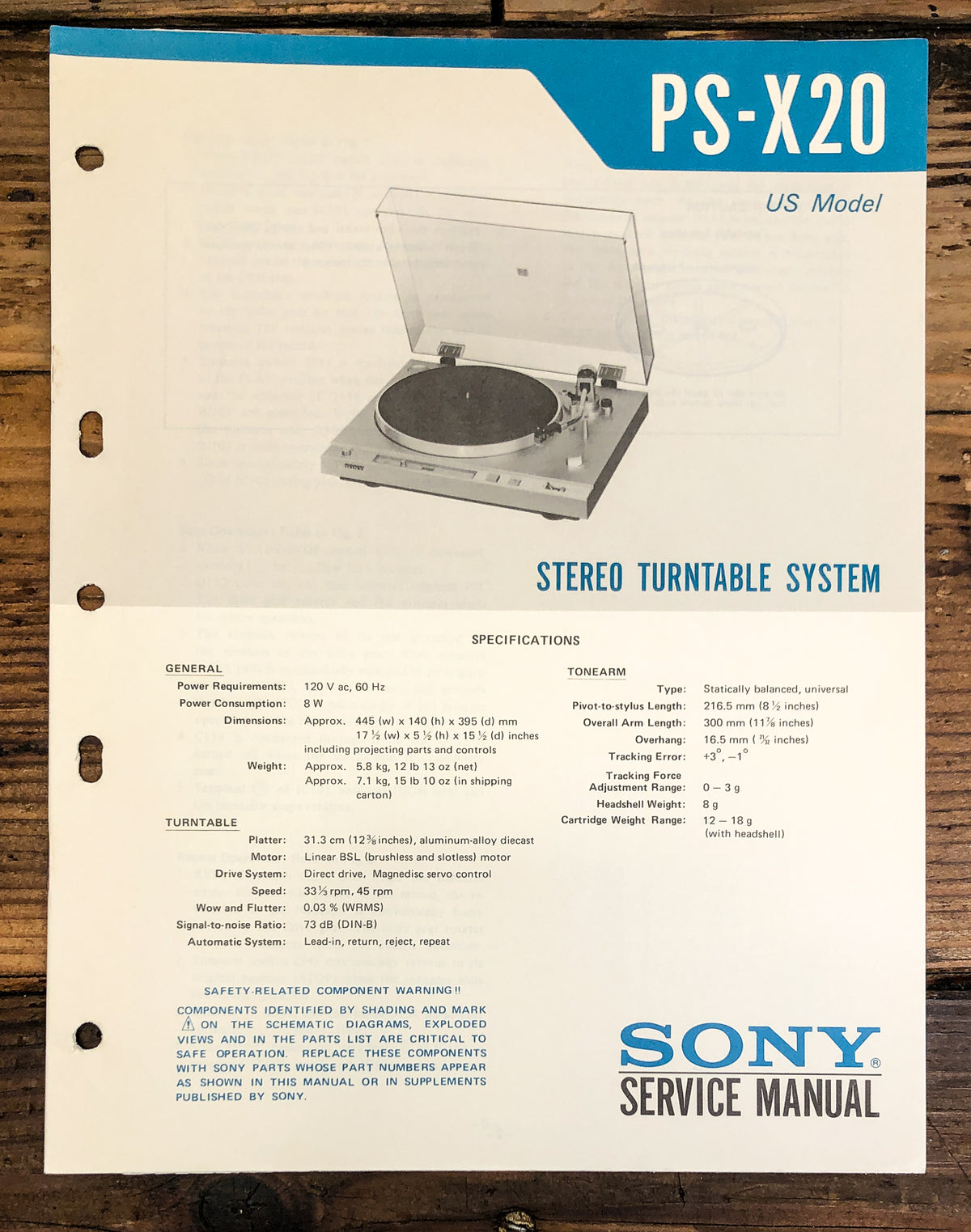 Sony PS-X20 Record Player / Turntable Service Manual *Original*
