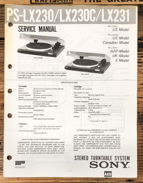 Sony PS-LX230 -LX230C -LX231 Turntable  Service Manual *Original*