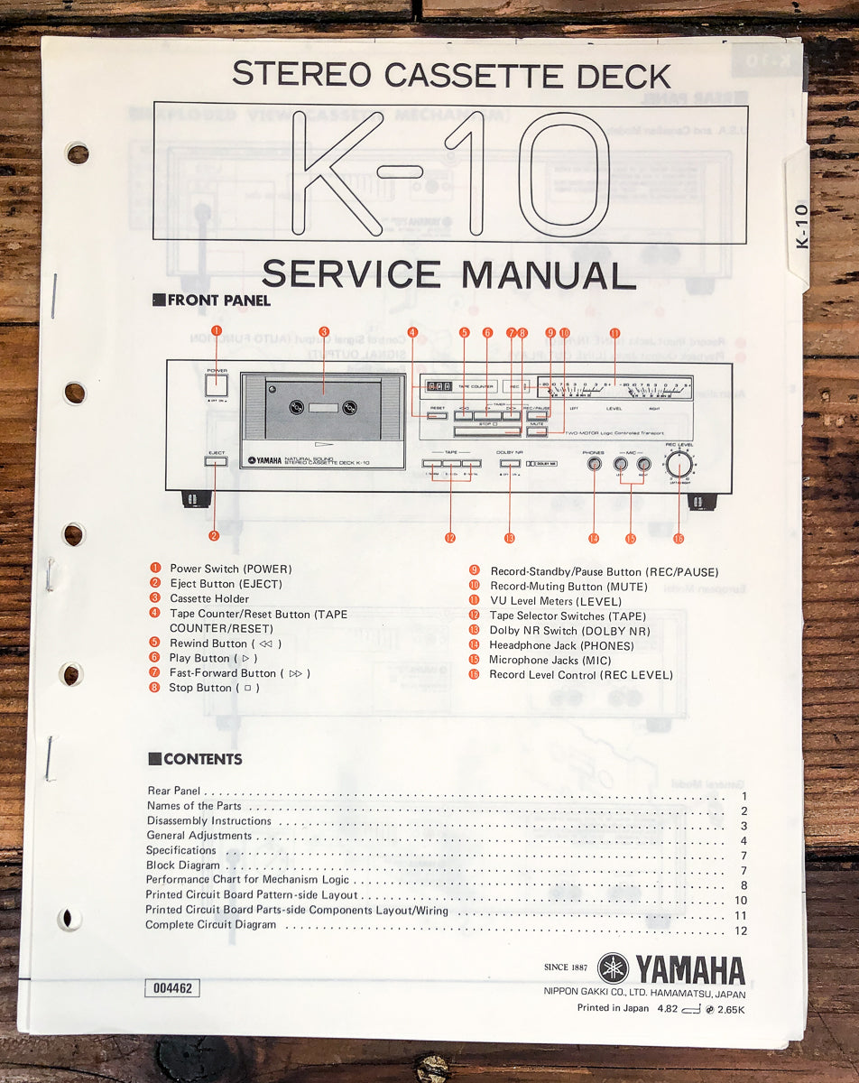 Yamaha K-10 Cassette Service Manual *Original*