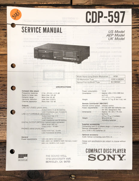 Sony CDP-597 CD Player Service Manual *Original*