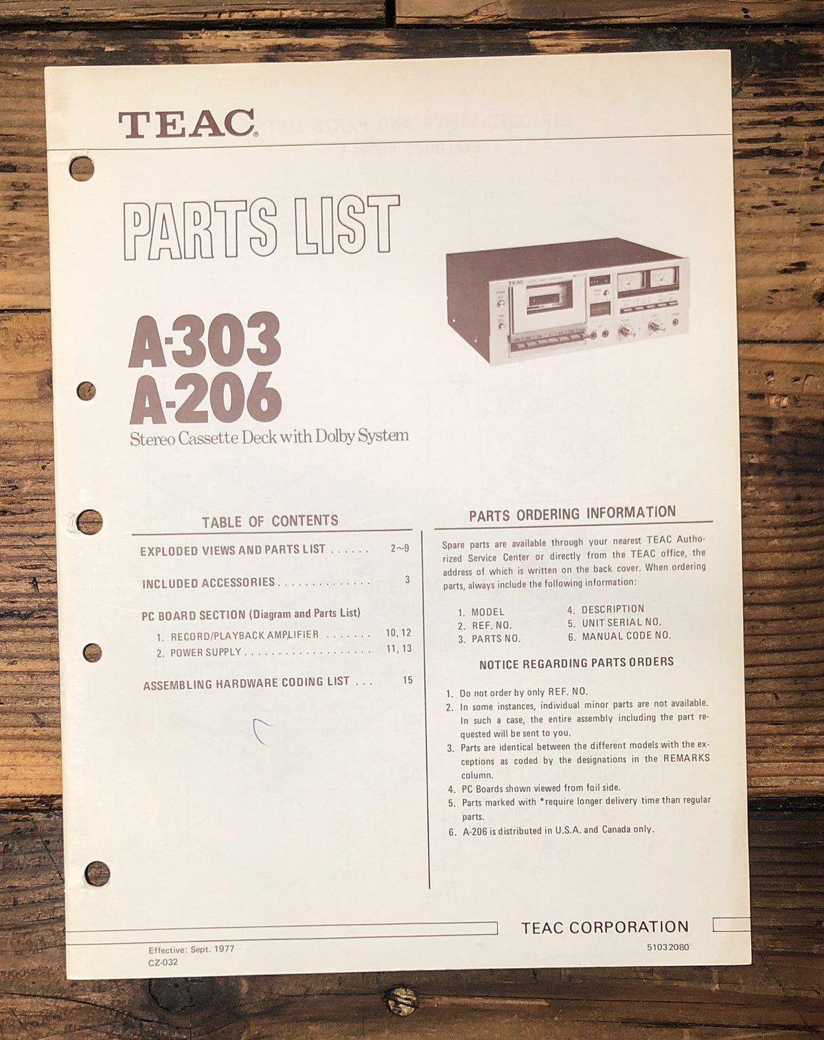 Teac A-206 A-303 Cassette  Parts List Manual *Original*