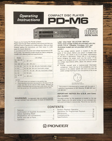 Pioneer PD-M6 CD Player Owners / User Manual *Original*