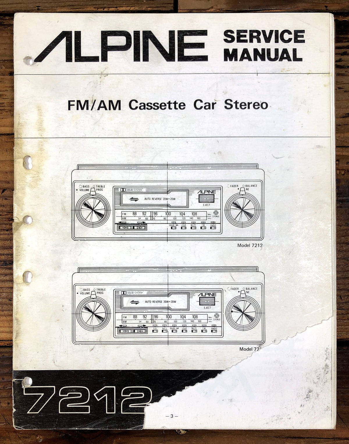 Alpine 7212 FM/AM Cassette Car Stereo Service Manual *Original*