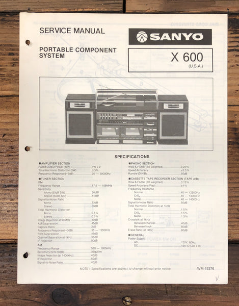 Sanyo X600 X-600 Stereo Service Manual *Original*