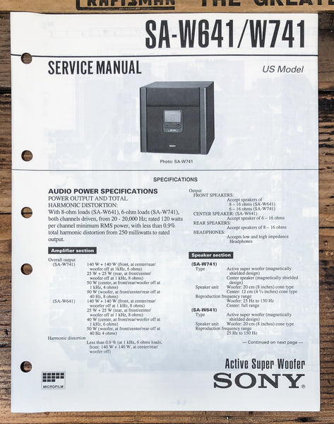 Sony SA-W641 SA-W741 Super Woofer  Service Manual *Original*
