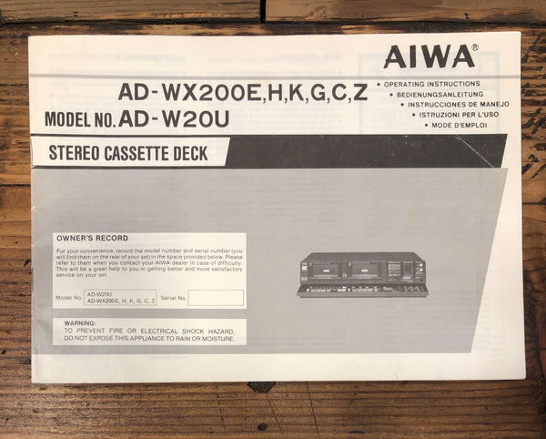 Aiwa AD-WX200 AD-W20 Cassette Owners / User Manual *Original*