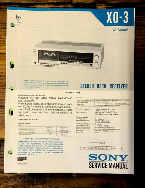 Sony XO-3 Receiver  Service Manual *Original*