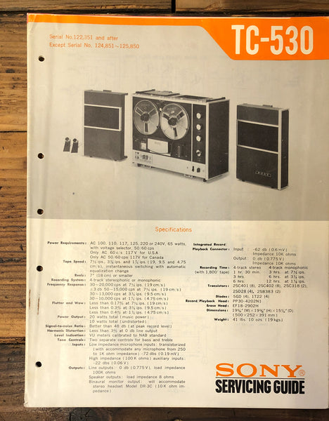 Sony TC-530 Reel to Reel  Service Manual *Original*