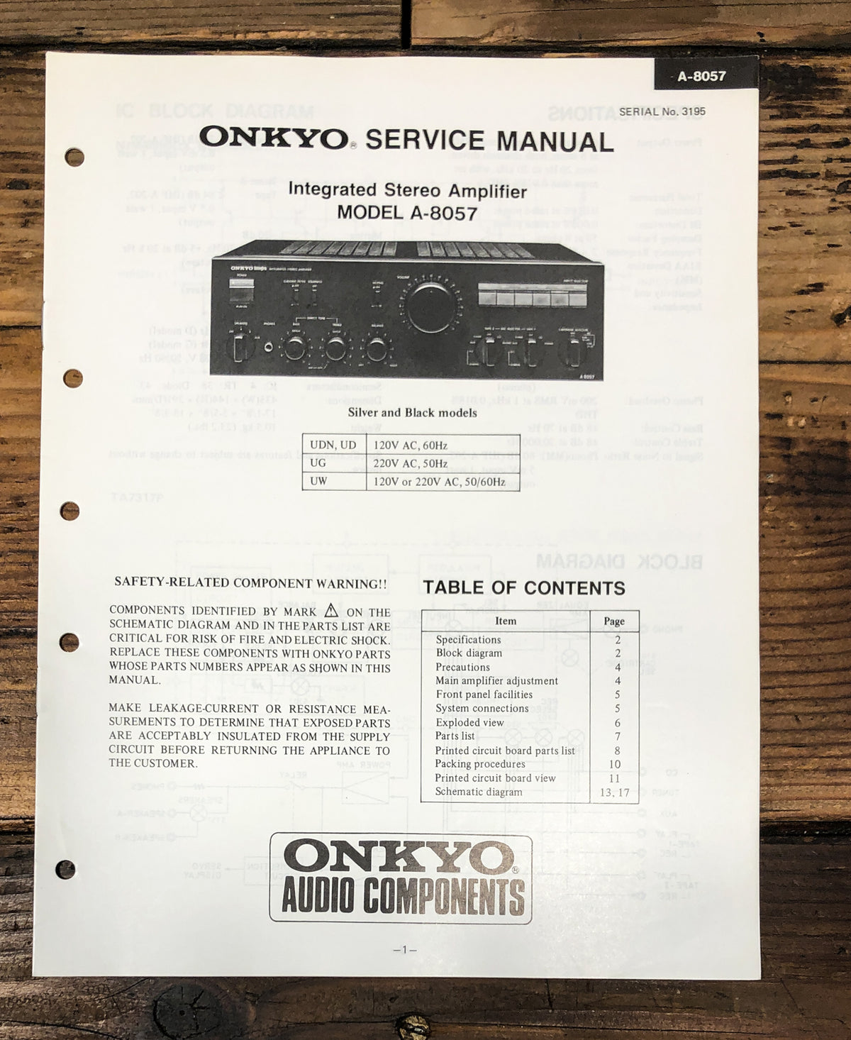 Onkyo A-8057 Amplifier Service Manual *Original*