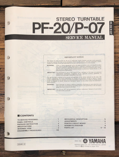 Yamaha PF-20 P-07 Record Player / Turntable  Service Manual *Original*