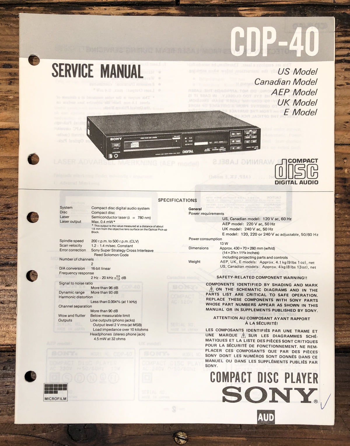 Sony CDP-40 CD Player Service Manual *Original*