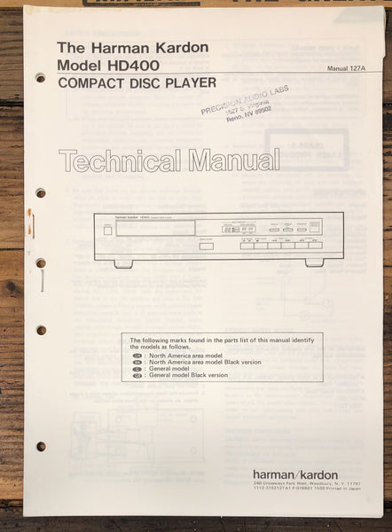 Harman Kardon HD400 HD-400 CD Player  Service Manual *Original* #2