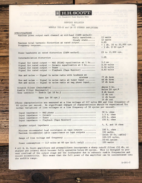 HH Scott Model 200-B LK-30 Amplifier Service Manual *Original*