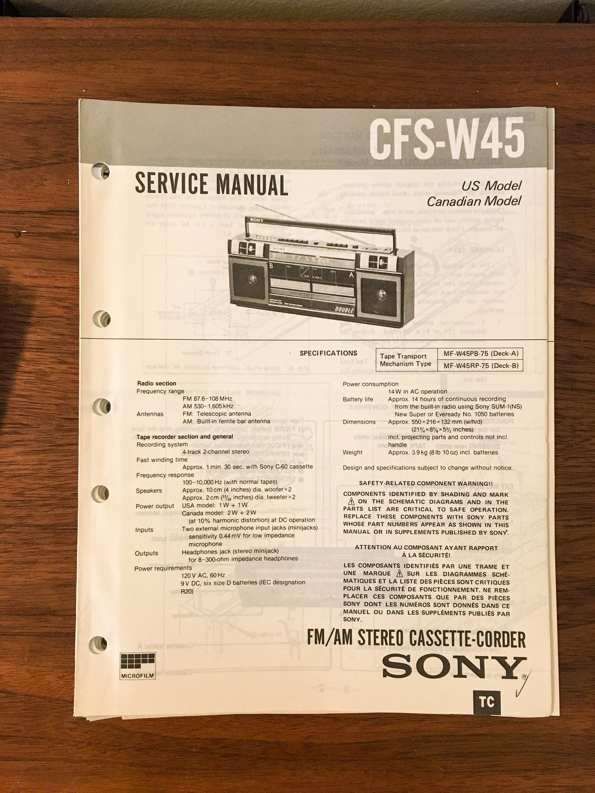 Sony CFS-W45 RADIO CASSETTE Service Manual *Original*