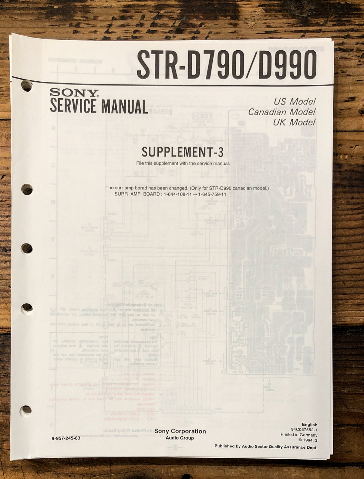 Sony STR-D790 STR-D990 Receiver Supp. 3 Service Manual *Original*