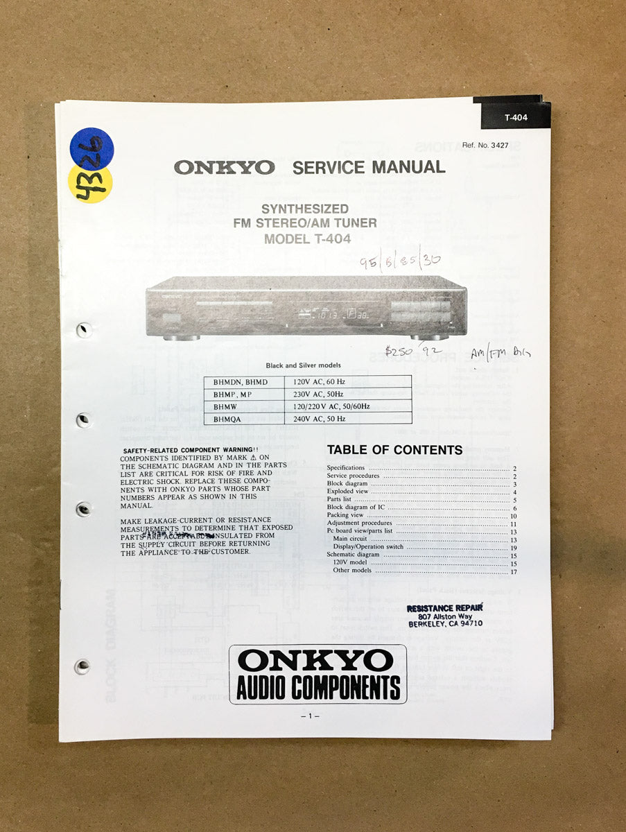 Onkyo T-404 Tuner  Service Manual *Original*