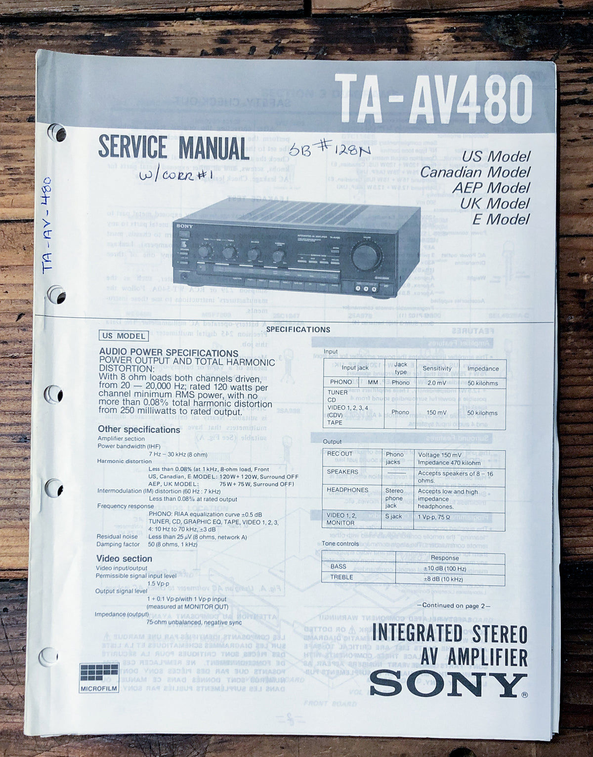 Sony TA-AV480 Amplifier  Service Manual *Original*